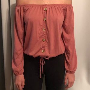 flowy pink off the shoulder shirt with buttons